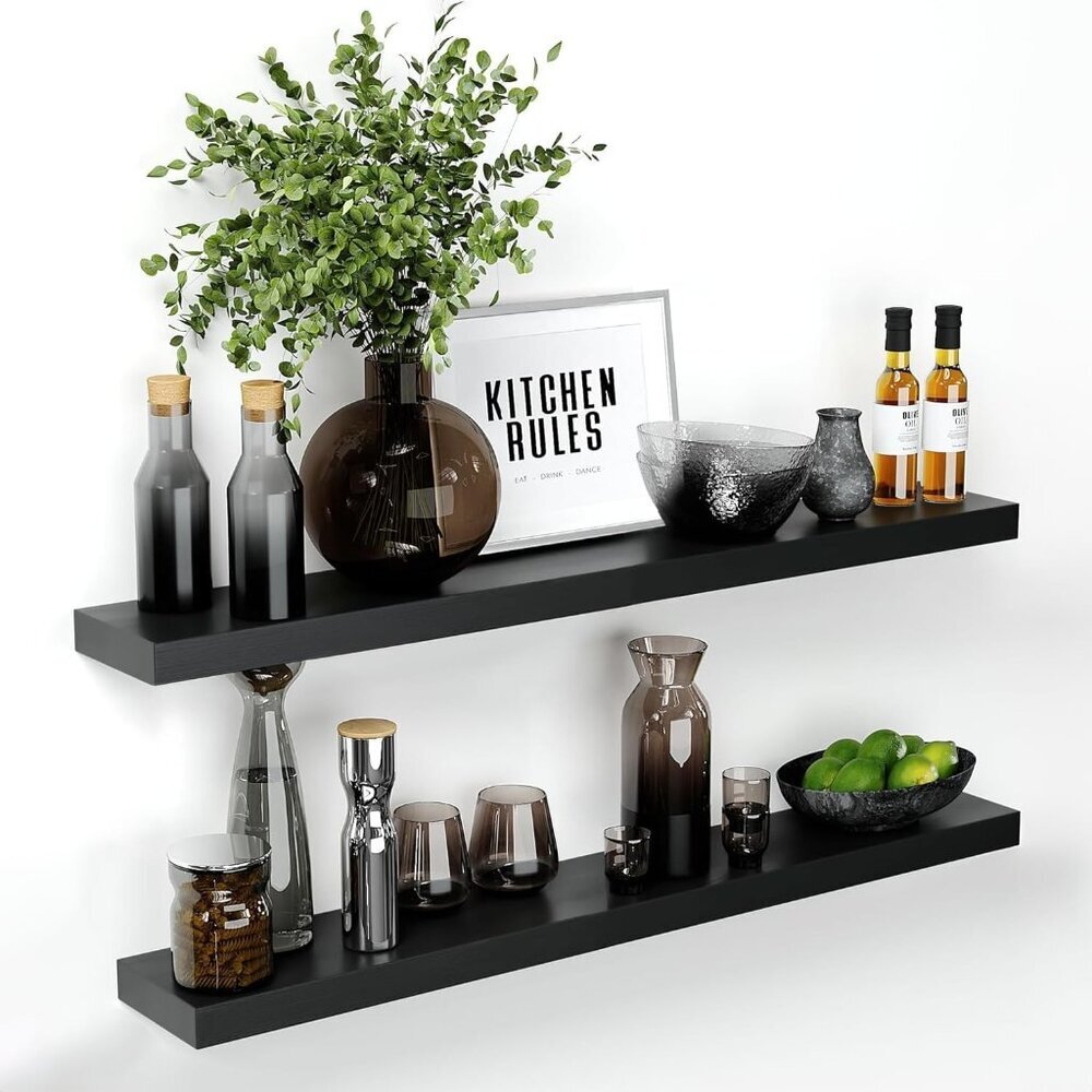 Floating Black Shelf 42 inch, High End Solid Real Wood 42 inches Long Floating S